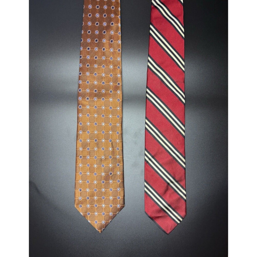 Lot of 2 Jos A Bank Silk Ties Red Stripe Brown Geometric Classic Mens Necktie